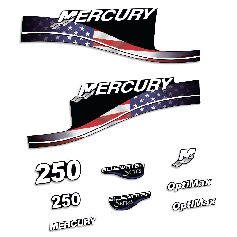 Tarrat Mercury 250HV Optimax BlueWater USA-lippu edition perämoottori vinyylitarrat