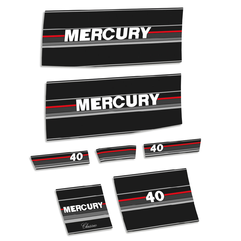 Tarrat Mercury 40HV Kaksitahtimoottori klassinen 1990-1991 perämoottori vinyylitarrat
