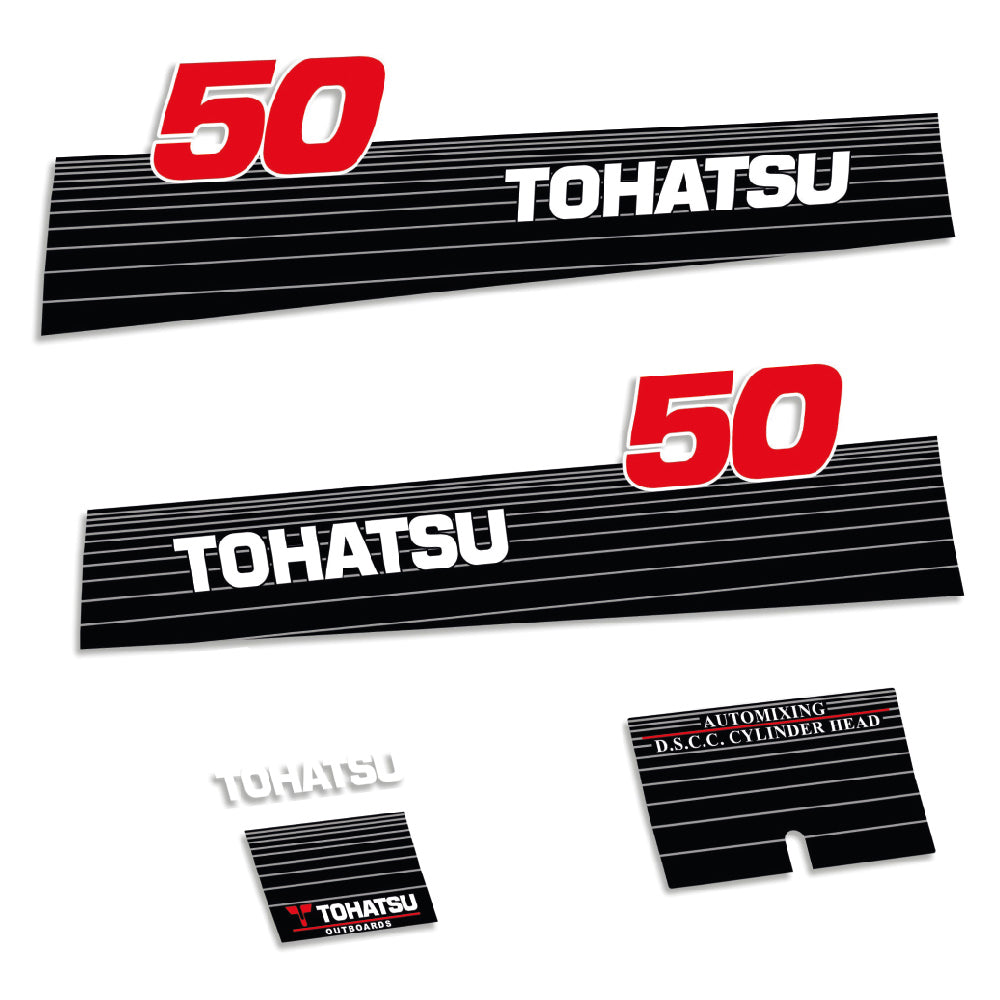 Tarrat Tohatsu 50HV Öljyn automaattinen sekoitus 2002 ja aikaisempi perämoottori vinyylitarrat