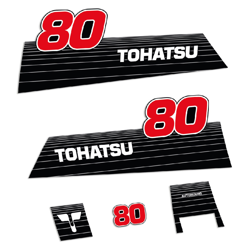 Tarrat Tohatsu 80HV Öljyn automaattinen sekoitus 2002 ja aikaisempi perämoottori vinyylitarrat