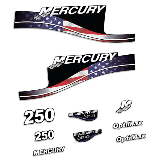Tarrat Mercury 250HV Optimax BlueWater USA-lippu edition perämoottori vinyylitarrat