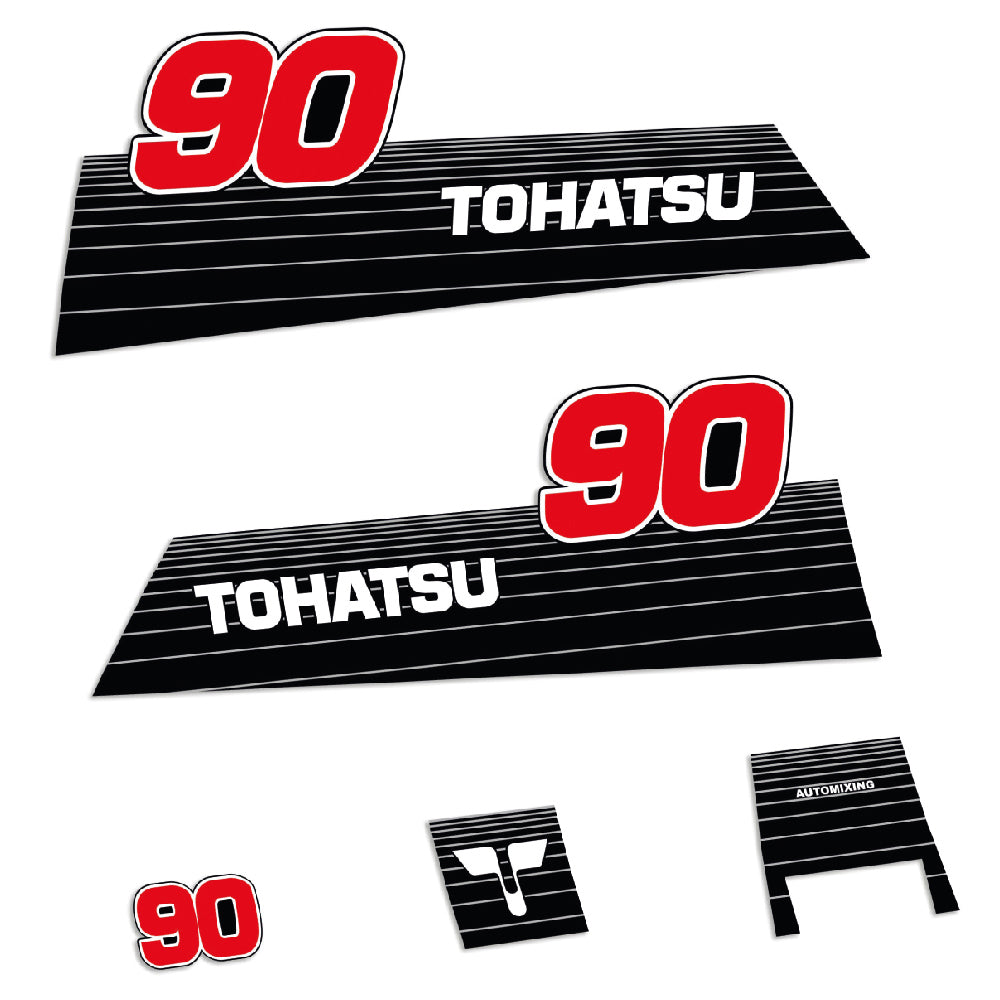 Tarrat Tohatsu 90HV Öljyn automaattinen sekoitus 2002 ja aikaisempi perämoottori vinyylitarrat